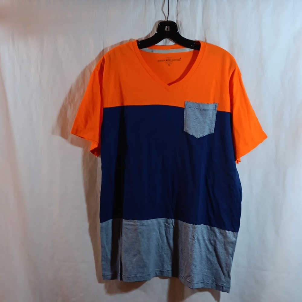 Sunday Work Clothes Mens XL Colorblock Tee T-Shirt Knit Top Orange Navy Blue